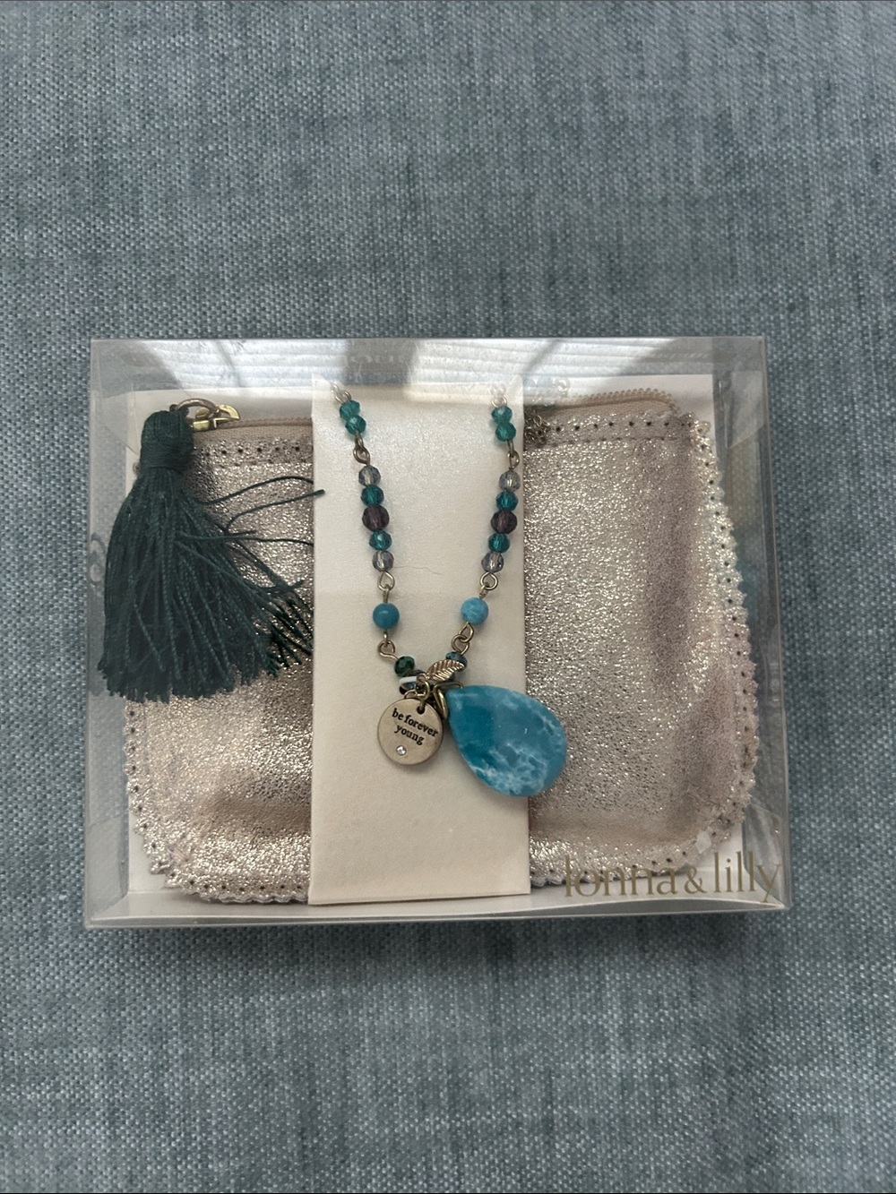 lonna & lilly Turquoise Teardrop Pendant Necklace with Green Tassel Pouch